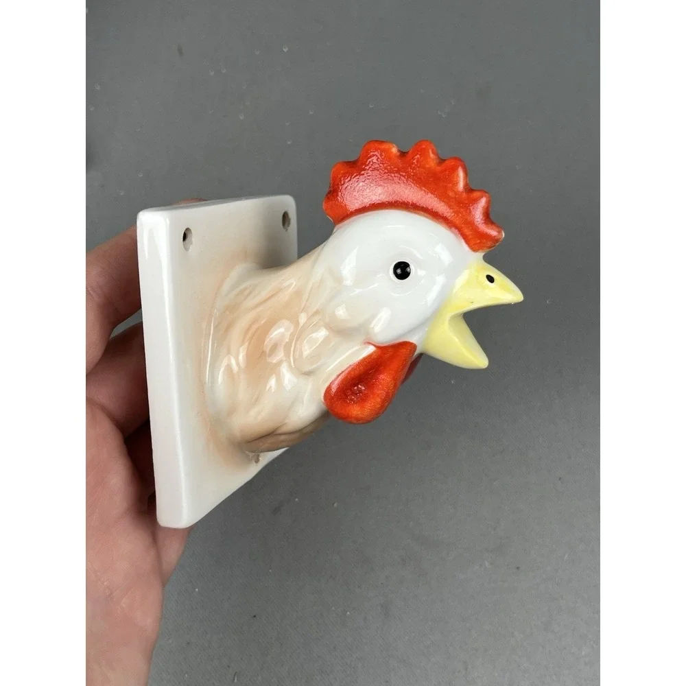 Vintage Ceramic Apron Towel Hook Holder Lot 2 Piece Chicken Duck Head & Hardware
